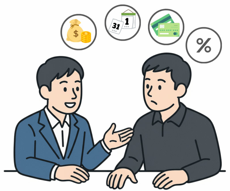 お金や金利について説明を受ける男性と営業担当者のイラスト
