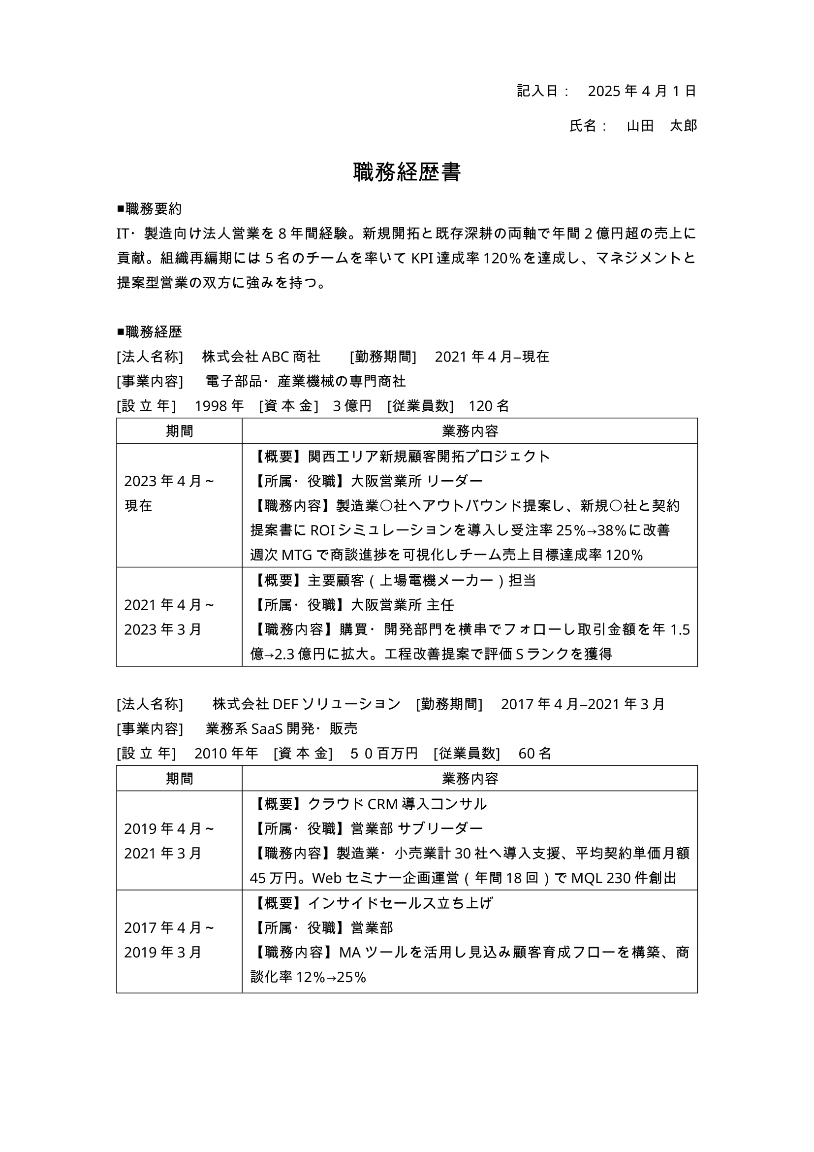 職務経歴書の記入例_営業職の例_1ページ目