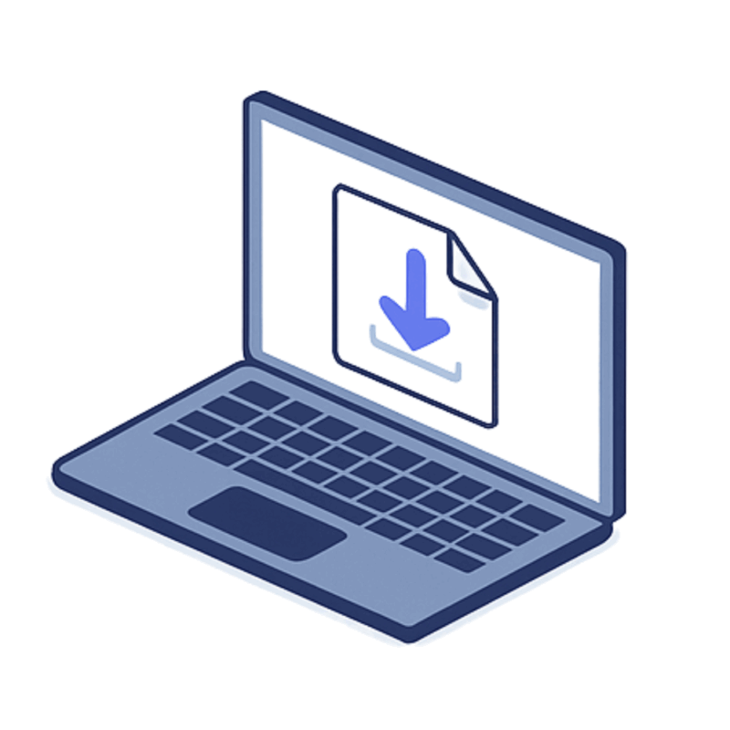 ノートパソコンの画面に表示されたダウンロードアイコンのイラスト