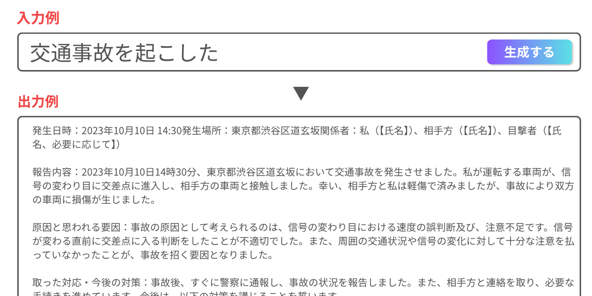 交通事故の報告書を自動生成するウェブアプリの使用例画面。入力欄に「交通事故を起こした」と入力し、「生成する」ボタンを押すと、日時、場所、関係者、事故内容、原因、対応などの詳細が自動的に出力されている様子。