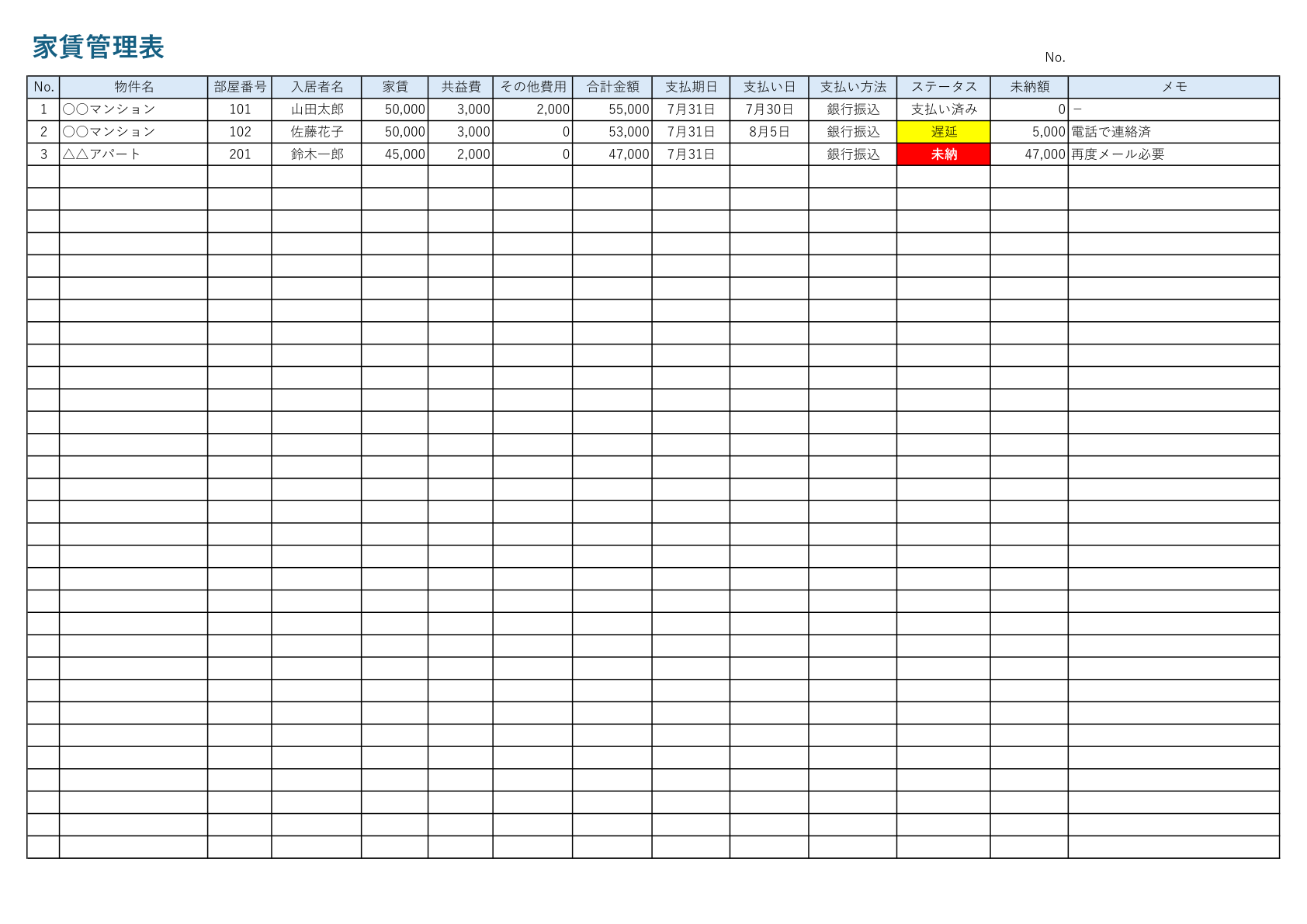 家賃や管理費などの支払い状況を一元管理できる家賃管理表テンプレート